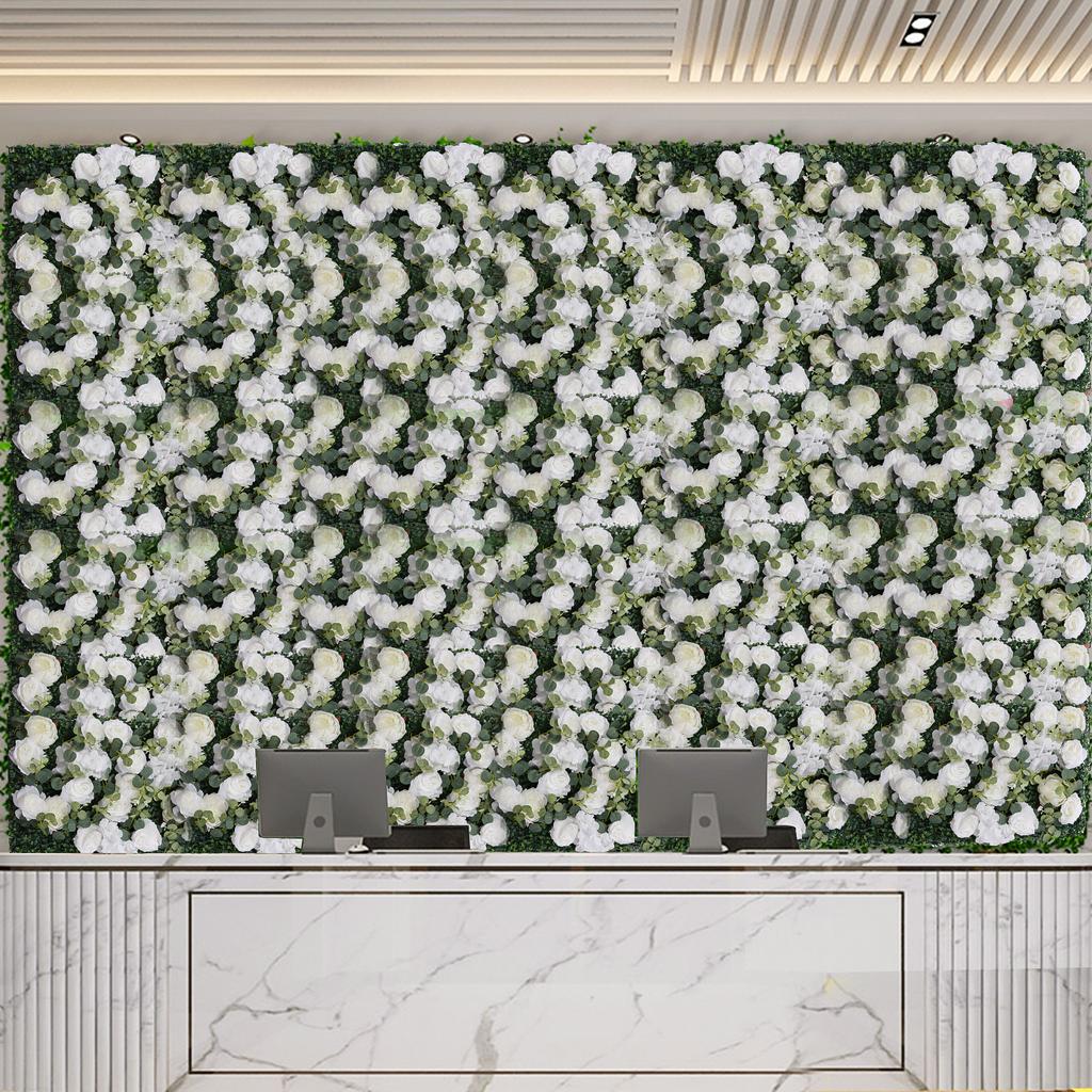 6 Pcs Flower Wall Panel , Green and White Faux Rose Backdrop, Artificial Flower Decor for Wedding Arch, Party Decor, Photo Booth