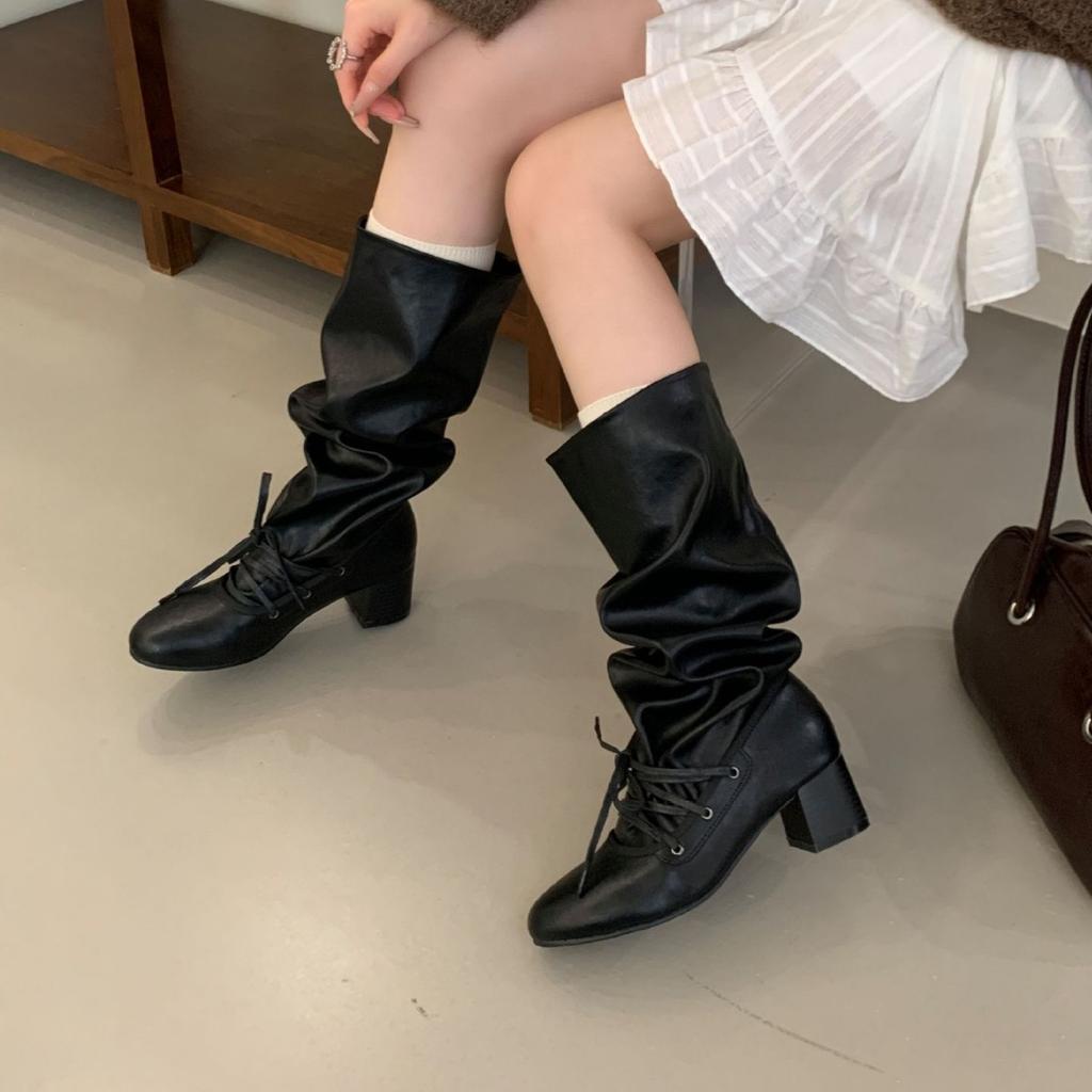 2025 Winter New Tall Skinny Pile Boots Thick High Heel Two Wear Knight Women's Boots Lace-up Locomotive Spice Girls Boots