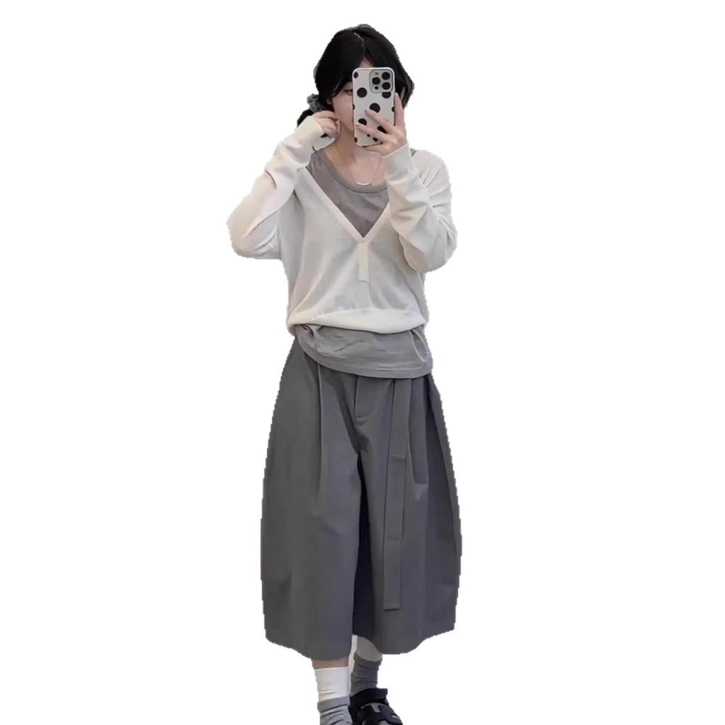 2026 Early Spring V-Neck Long Sleeve Three-Piece Set: Vest & Wide-Leg Pants.
