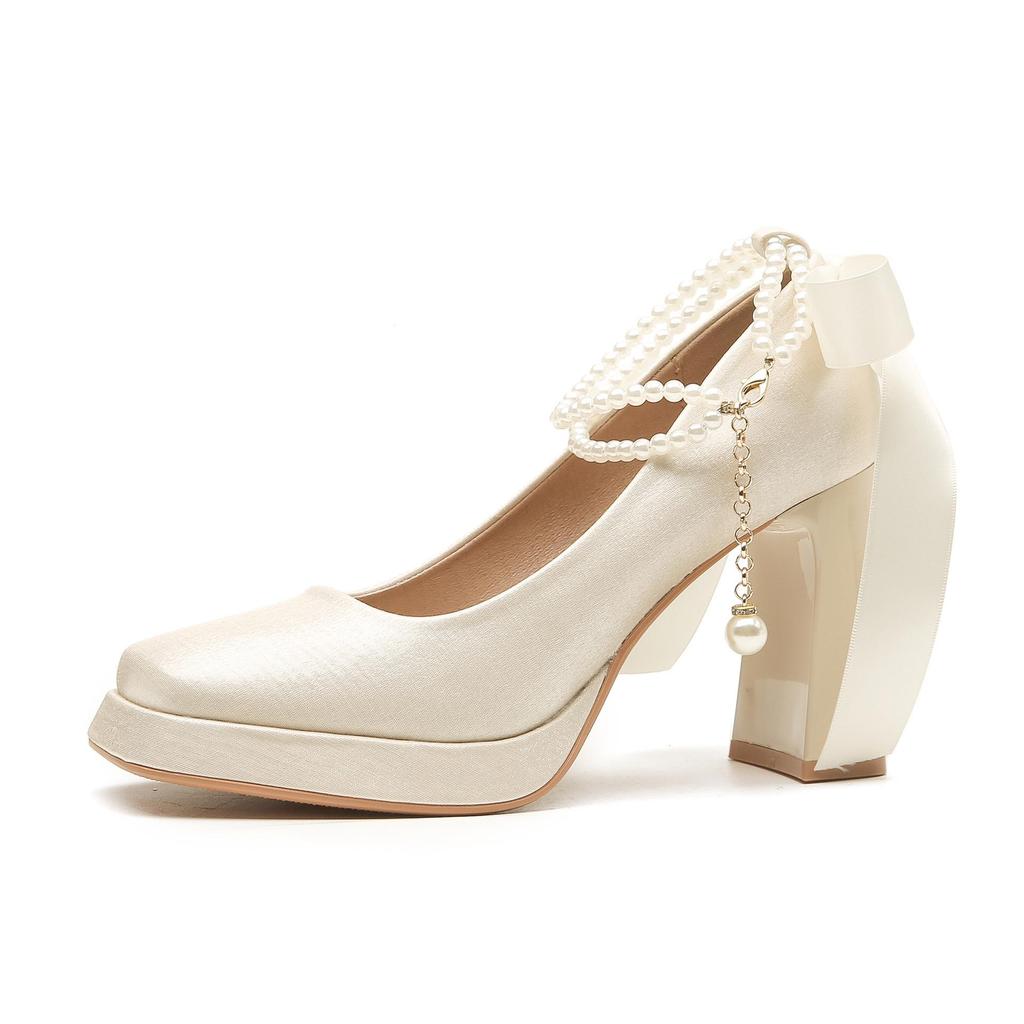 Women's Pearl Suede Mary Janes - Square Toe Chunky High Heels with Bow and Waterproof Platform