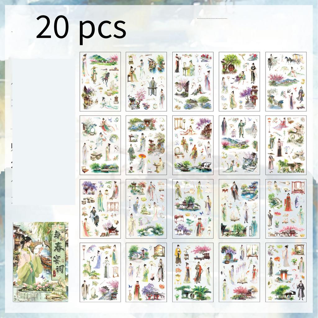 20 Sheets Traditional Ink Wash Character Landscape Sticker, Ancient Chinese Art Decorative Paper Craft Kit,for DIY Projects