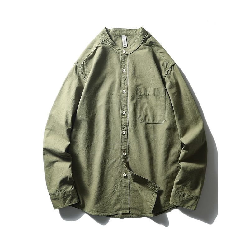 Japanisches Retro reines Baumwoll-Stehkragenhemd Herren Langarm Frühling und Herbst Jacke Export Herren Freizeit Ganzbaumwollhemd