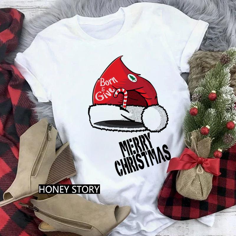 

Fashion Cute Cartoon Santa Delivering Gift Graphics Women T-Shirt 90S Kawaii Summer Blouses Loose White Short Sleeve O-Neck Tops S