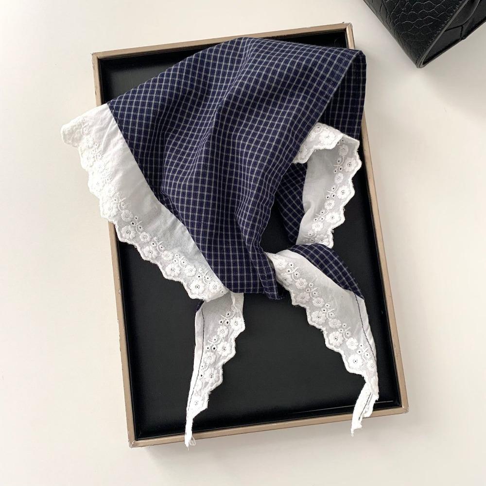 Fashion Lace Padded Headscarf Plaid Design Linen Fabric Triangle Scarf Cotton Material Layering Scarf Women s