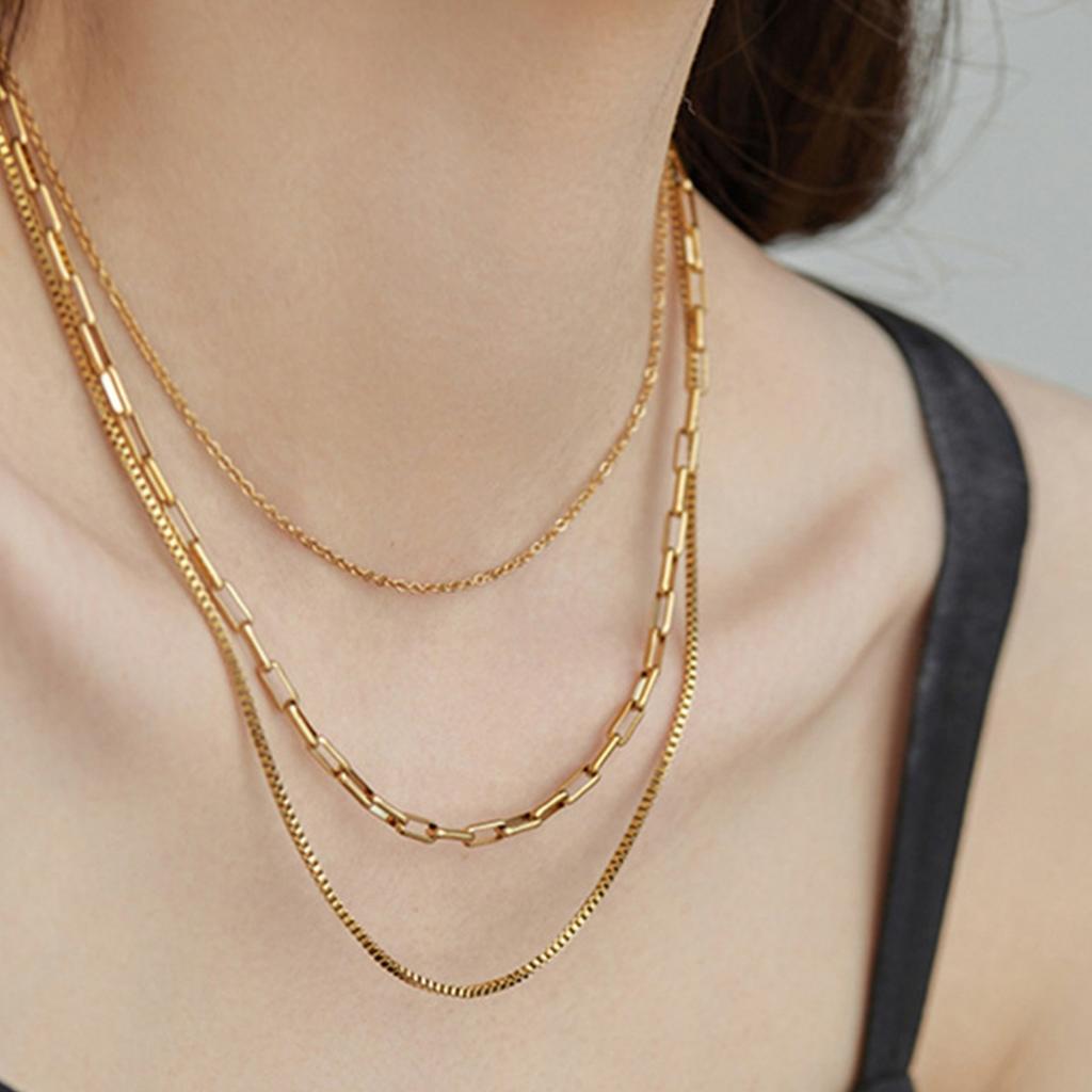 Vintage Gold Plated Paperclip Box Chain Layered Stainless Steel Triple Layer Necklace Waterproof Party Gift NEW
