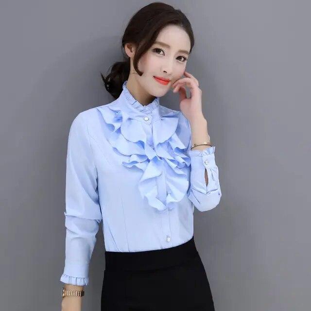 Spring Autumn New Stand Collar Ruffle Long Sleeve Blouse Women's Korean Professional Bottoming Shirt Solid Color Chiffon Shirt