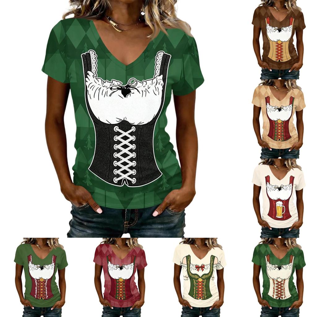 Camiseta casual de manga corta con cuello en V para mujer, top con estampado de Oktoberfest, tejido ligero y suave, ajuste cómodo, camiseta de verano