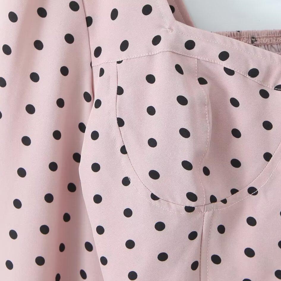 2025 Fashionable Women's French Chic Polka Dot Square Neck Top with Puff Sleeves