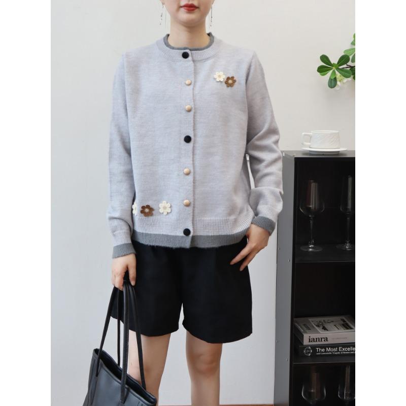 Three-dimensional Flower Crew Neck Knitted Cardigan Women's Autumn and Winter New Loose and Versatile Color Matching Sweater Jacket