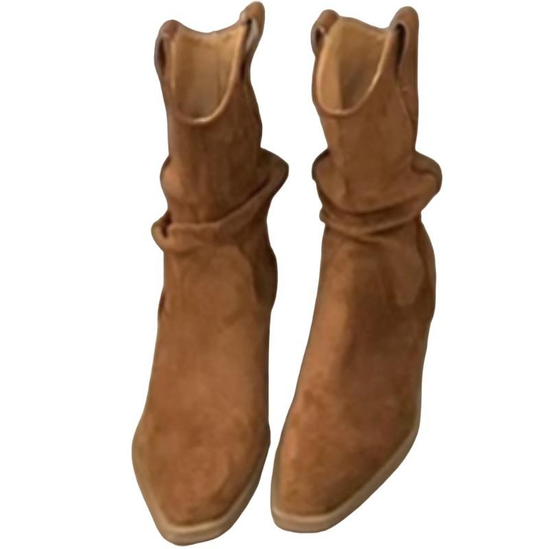 Vintage Suede Pile Boots Apricot Short Boots Western Boots Pleated Women's Boots Autumn Thick Heel Short Boots Knight Boots