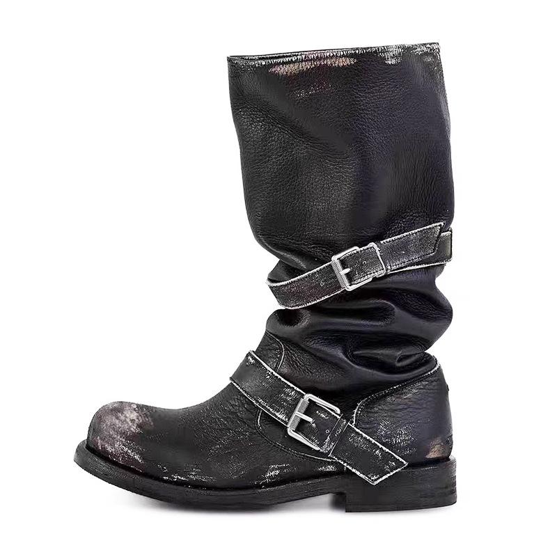 [Zhang Yuanying] Belt buckle stack boots thick heel retro mid-wind boots boots niche tooling boots