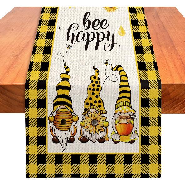 Hello Spring Gnomes Green Buffalo Plaid Table Runner 72 Inches Long, Gnome Decorations for Home, Burlap Spring Easter Floral Table Decor for Kitchen