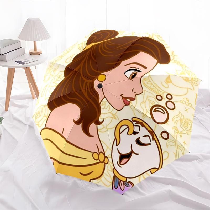 

1pc Beauty and the Beast Automatic Opening and Closing Umbrella, Lightweight 3-Fold, With Cute Cartoon Characters, Suitable for Home, Outdoo
