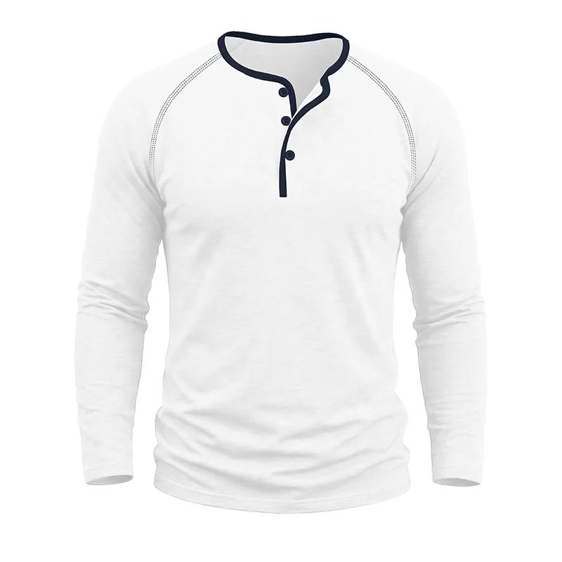 Spring Autumn Men's Cotton Henry Collar T-Shirts American Style Fashion Smart Casual Tees Tops Men Patchwork Breathable Tshirt
