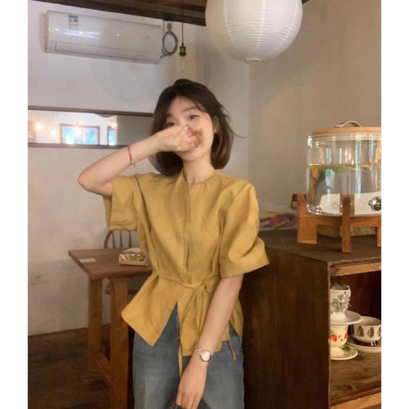 

Women s French Style Puff Sleeve Blouse Crew Neck Tie Waist Asymmetrical Hem Shirt for Summer S жовтий