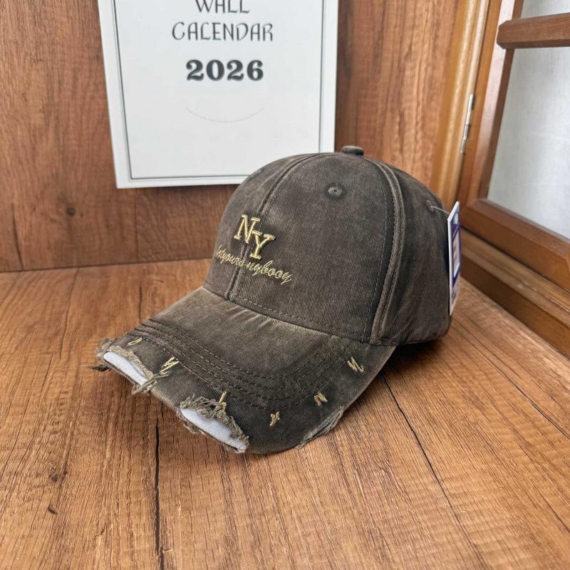 High cranial top plain baseball cap women washed old rough edge NY three-dimensional embroidery baseball cap versatile broken brim sun hat
