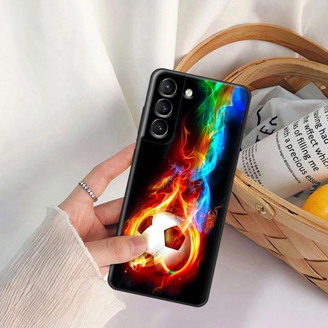 Fire Football Soccer Ball Phone Case For Samsung Galaxy S24 Ultra S23 5G S20 S21 23 FE S25 S22 S24FE Plus Case Black Soft Cover