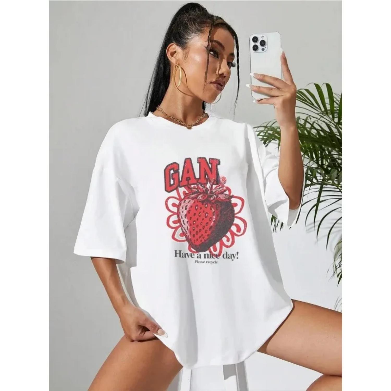 

Women s Fashion Casual T-shirt New Summer Short Sleeved Red Letter Strawberry Print Top Women s Round Neck Cotton T-shirt XXXXXL