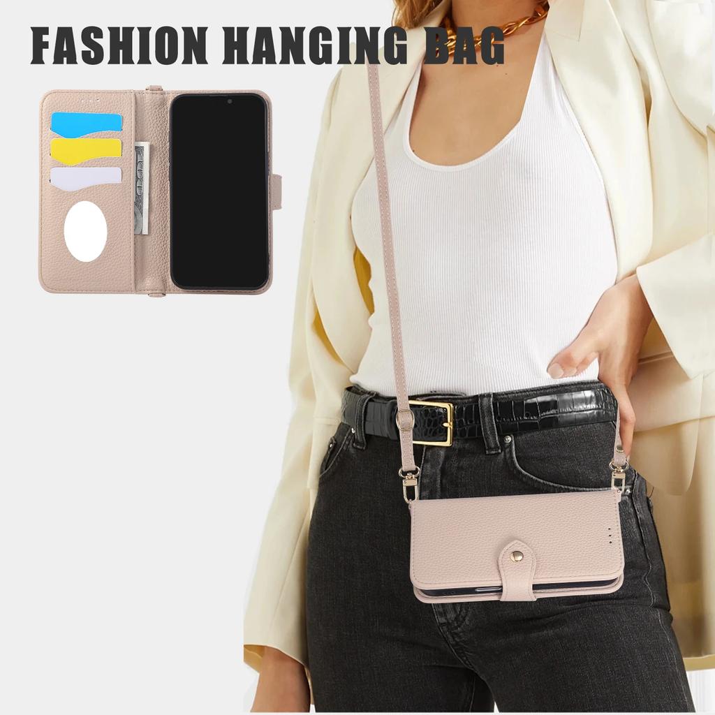 Crossbody Strap Mirror Wallet with Card Holder Phone Case for IPhone 16E 16 15 14 Pro Max 13 12 11 7 8 Plus Leather Flip Cover