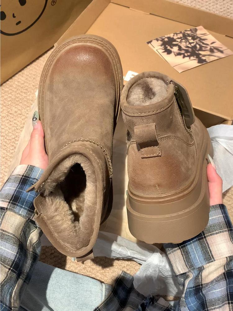 [Weird Aestheticism] Thick-soled Inner Height-increasing Leather Fur Snow Boots Women's New Velvet and Thickened Cotton Shoes In Autumn and Winter