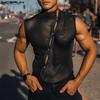 White Men Sleeveless Stitching See Through Mesh Sheer Glitter Tank Tops