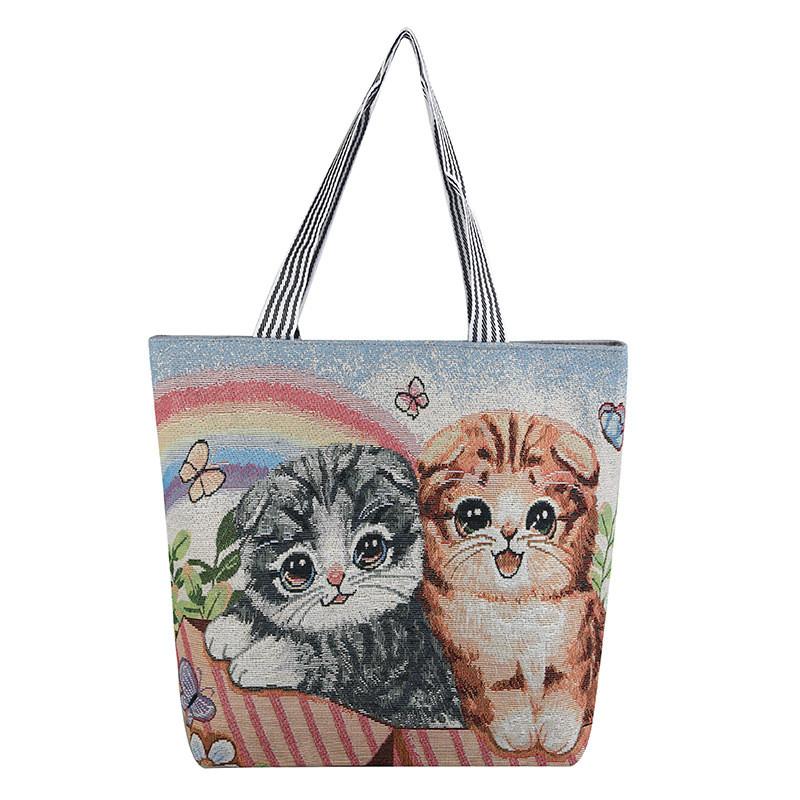 Cat Canvas Tote Bag With Embroidery For Casual Travel And Shopping