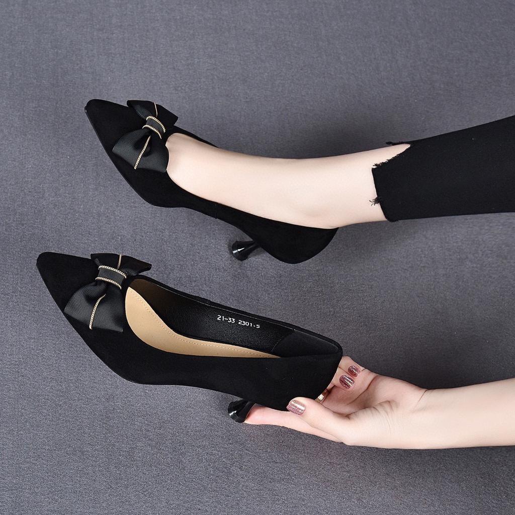Pointed high heels spring new bow light mouth one pedal sheepskin fashion shoes black single shoes