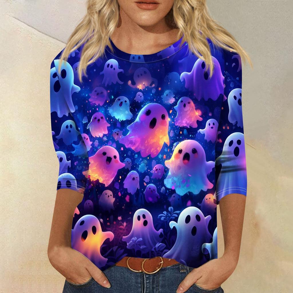 Women's Fashion Casual Three-quarter Sleeve Halloween Printed Round Neck Top