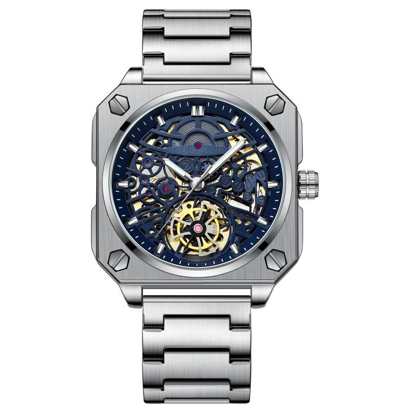 BINBOND Transparent Waterproof Luminous Watches Trendy Hollowed Out Square Men Watch Skeleton Tourbillon Fully Automatic Mechanical Wristwatch