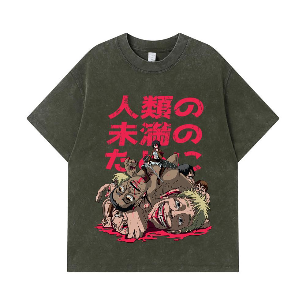 

275 GSM Washed T-shirts 100% Cotton Attack on Titan V5 Mikasa Print Unisex Heavy Cotton T Shirt S армия зеленый