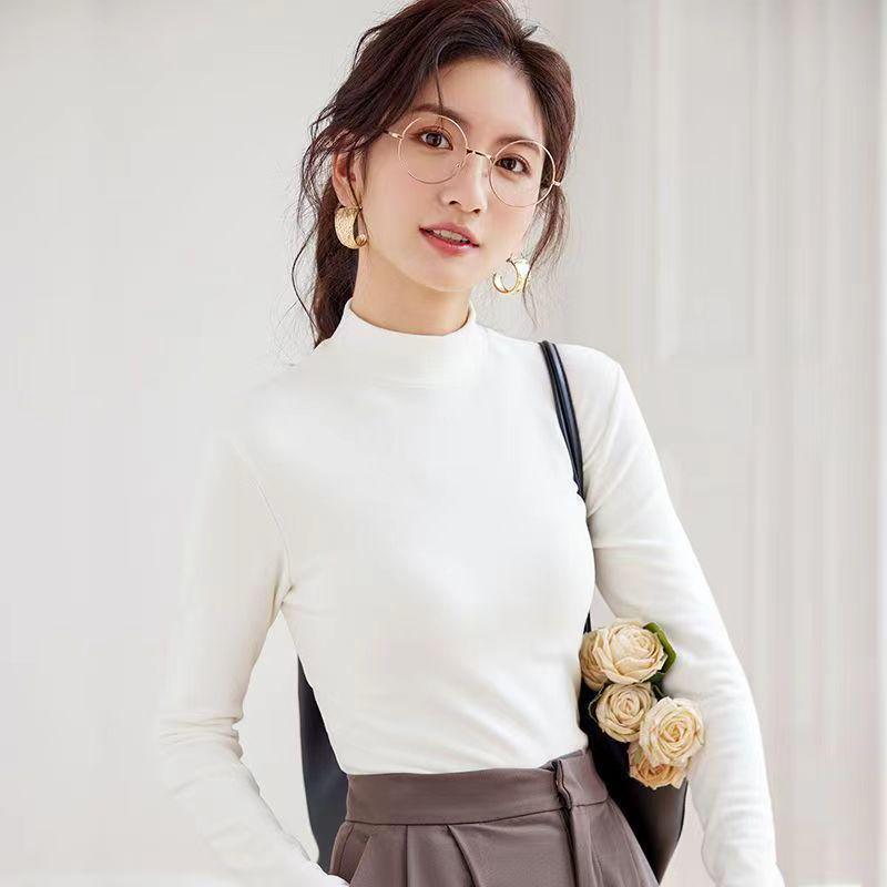 Women's Slimming Long-Sleeve German Velvet T-shirt, Solid Color, Versatile Autumn/Winter Fashion Top with Half-High Collar