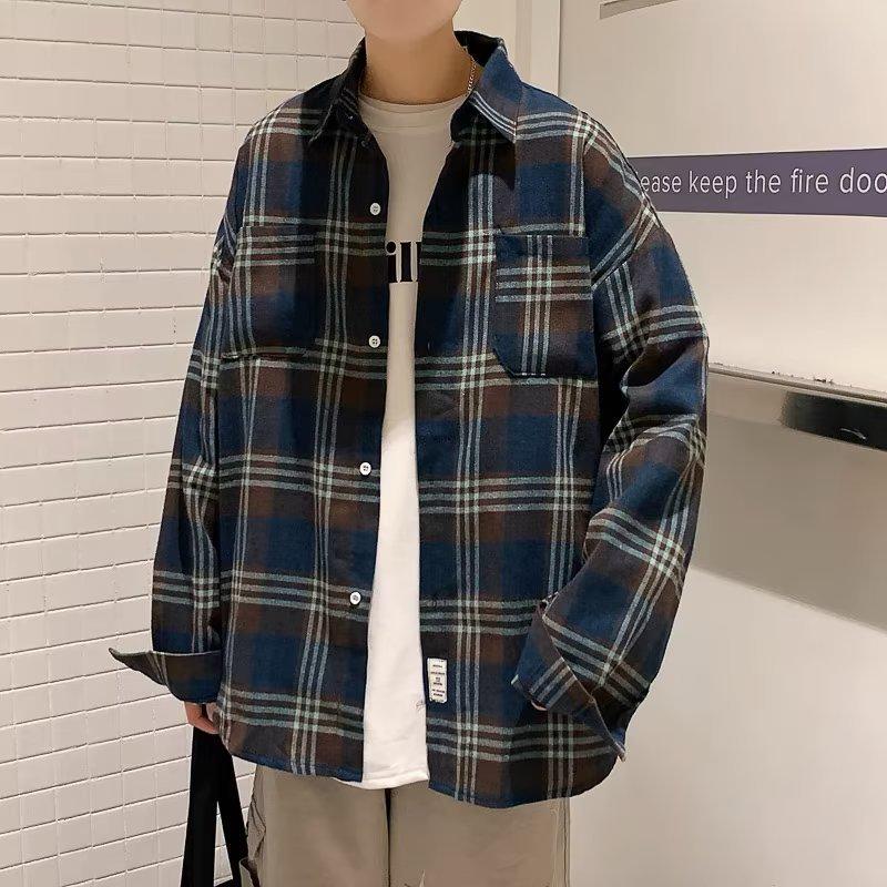 

Men s Retro Plaid Shirt - Long Sleeve, Loose Fit, Korean Style for Spring and Autumn XL синій