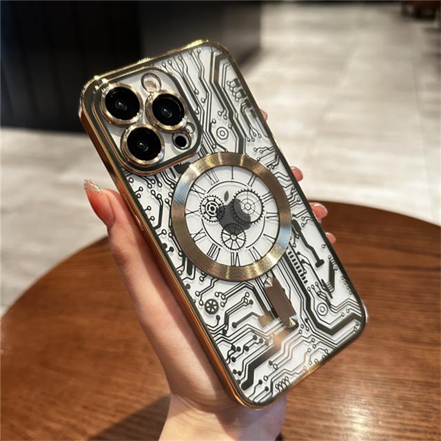 For iPhone 15 Pro Max Luxury Plating Magsafe Magnetic Mechanical Pattern Phone Case For iPhone 11 12 13 14 Plus Protective Cover
