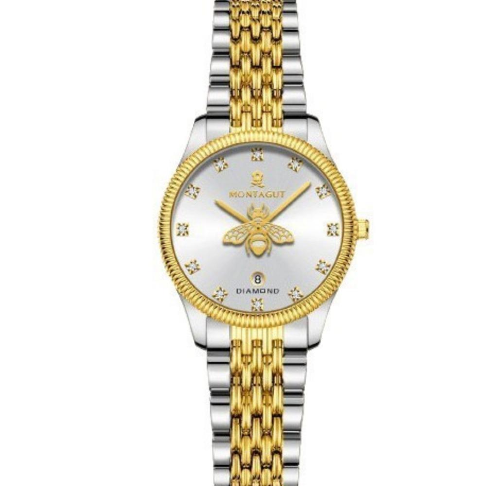 Women Quartz Wrist Watch Bee Dial Rhinestone Decor Date Window Elegant Stainless Steel Wristwatch