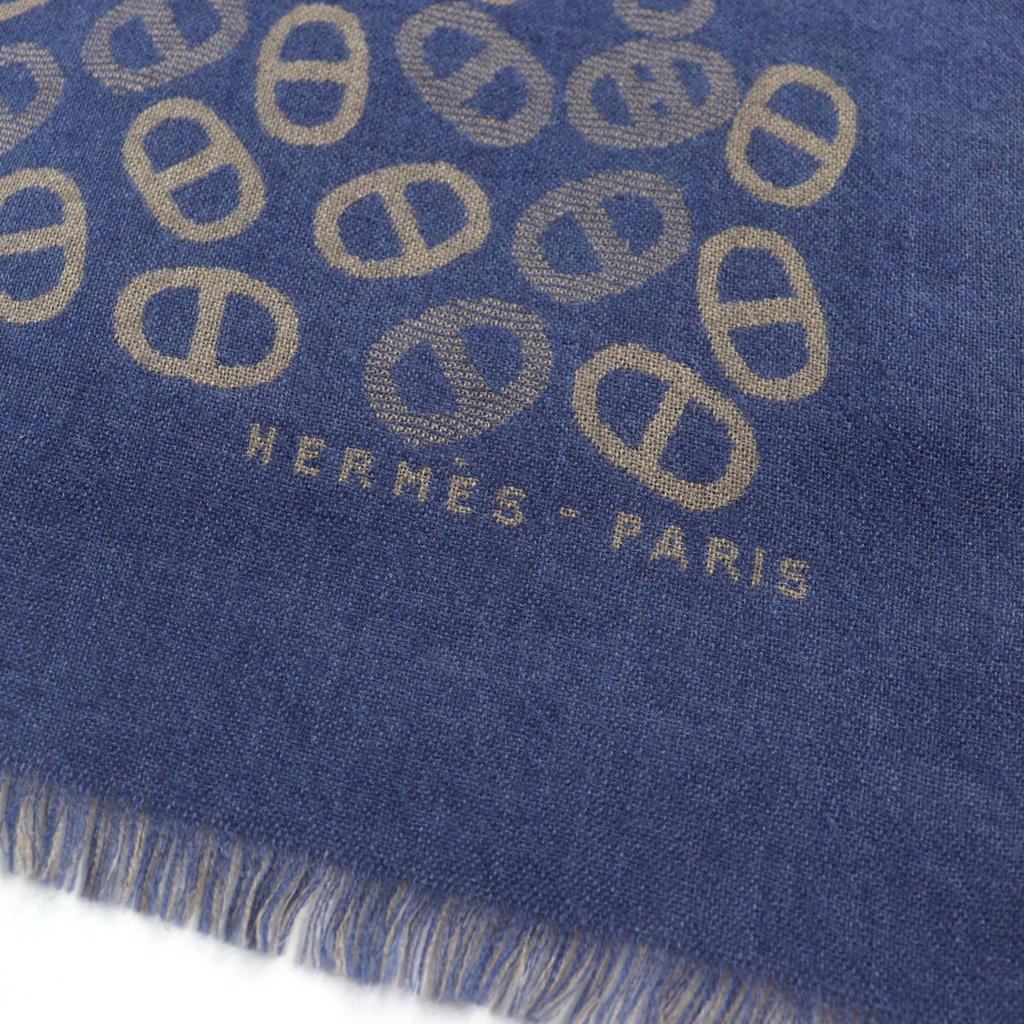 Great HERMES Scarf Bicolor Scarf Blue Light Brown Cashmere Mens Used
