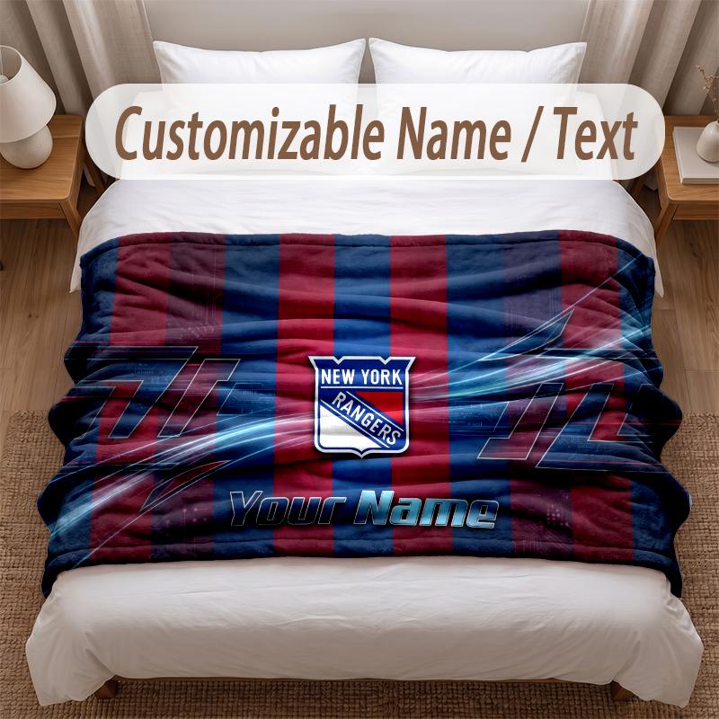 New York Rangers Printed Flannel Blanket Custom Name Text Soft Warm Throw For Bedroom Holiday Gift