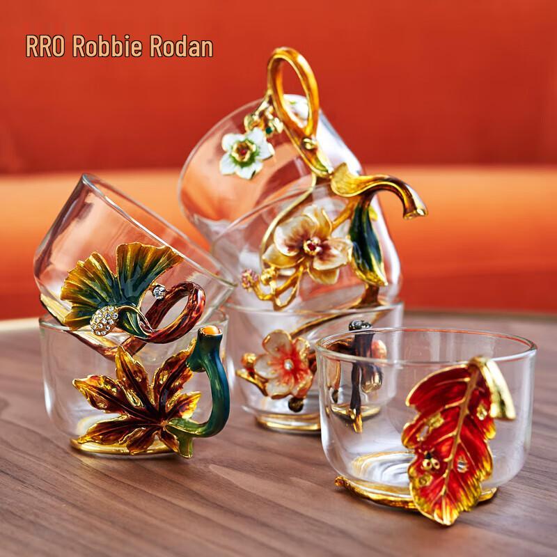 RRO Flower Language Heat-Resistant Glass Tea Cups with Handles - 6-Piece Set