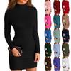 Women's High-Neck Casual Long-Sleeved Solid-Colour Fitted Dress