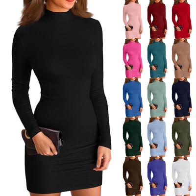 Rochie de damă casual cu gât înalt, cu mâneci lungi, uni, mulată