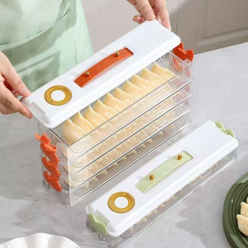 2/4 Layers Dumplings Storage Box Dumpling Organizer Stackable Desserts & Cookies with Buckle, Lid & Handle for Fridge
