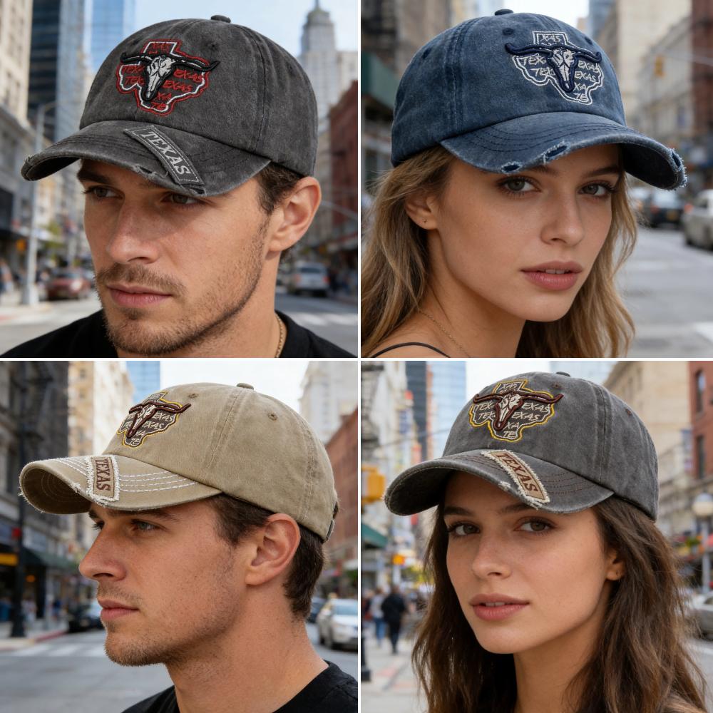 Unisex Praná Bavlněná Vintage Čepice Klasická Čepice TEXAS s Výšivkou Hlavy Býka Baseballová Čepice Venkovní Táta Klobouk Pro Muže Ženy