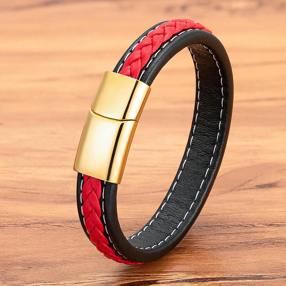 Black & Red Braided Rope Leather Bracelet Men Stainless Steel Charm Jewelry Bangle for Friend Couple Birthday New Year Gift