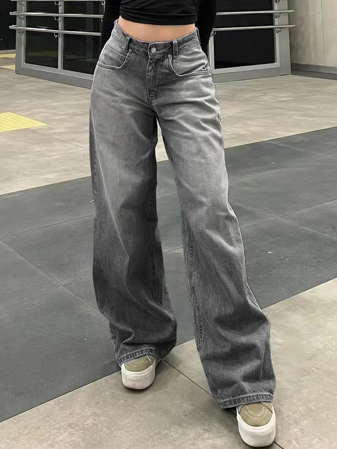 Women s Mid Rise Wide Leg Washed Jeans Loose Fit Elegant Vintage Denim Trousers S