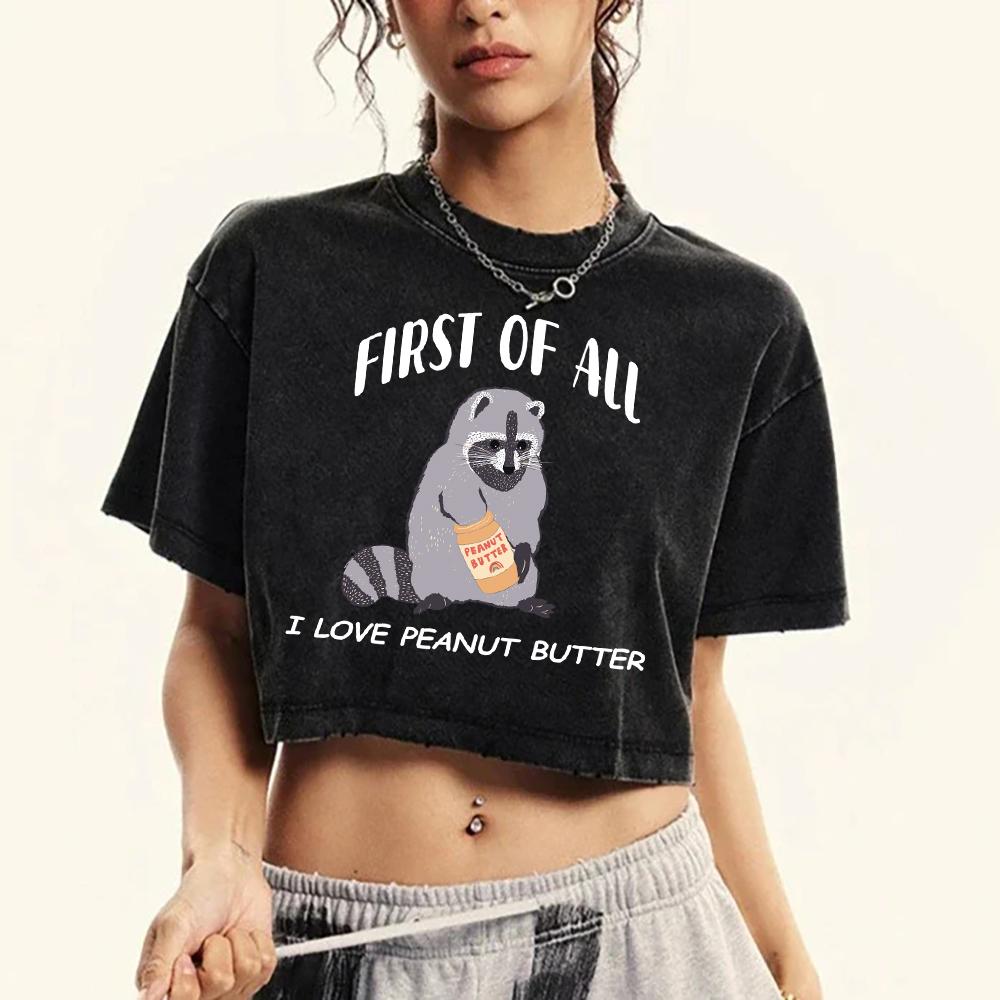 First Of All Cartoon Raccoon Printed Female Washed T-Shirt Cotton O-Neck Slim T Shirts Retro Fitness Tops