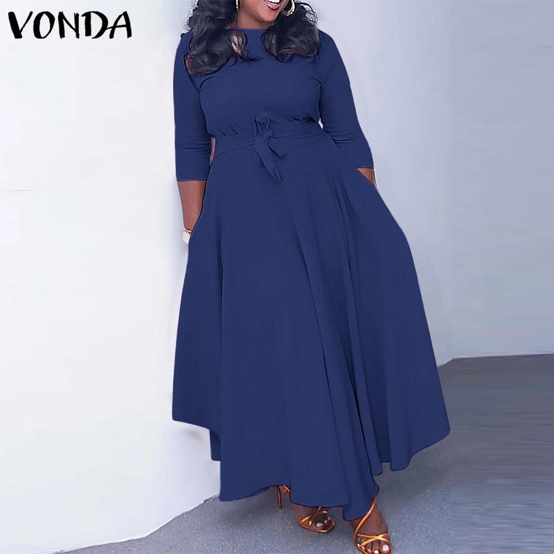 VONDA Women Autumn Loose Long Sleeve Round Neck Solid Color Dresses
