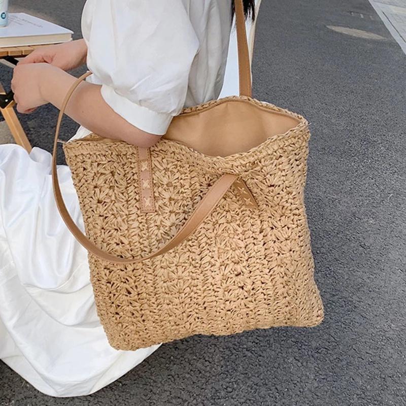 Square Hollow Straw Beach Bag Handmade Woven Shoulder Bag Rattan Shopping Travel Bag Bohemian Summer Vacation Casual Tote