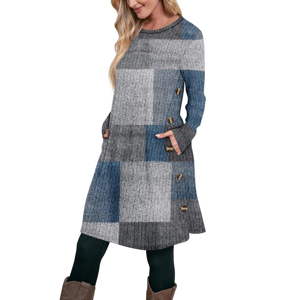 Women's Fashion Casual Long SleeveTunic Dress With Pockets Side Button Dress