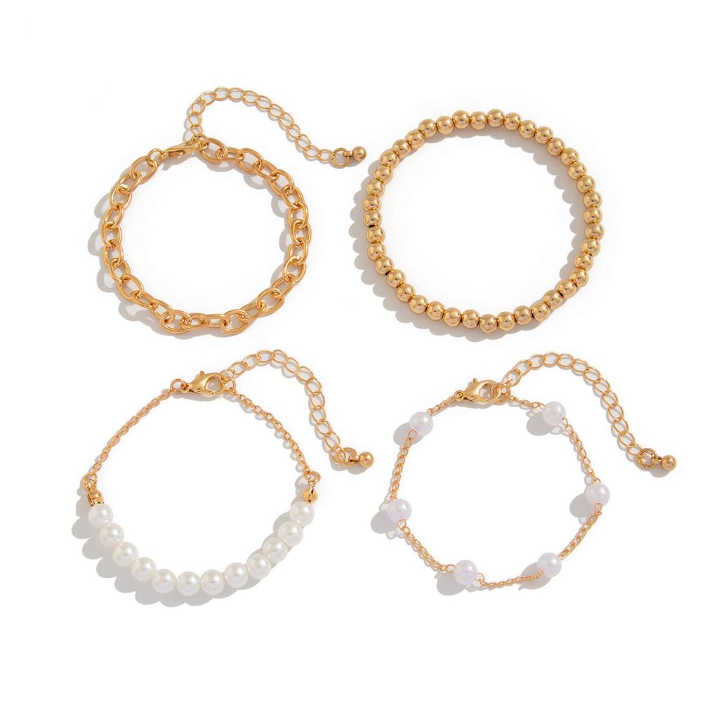 ins style multi-layer chain bracelet hand jewelry, imitation pearl beaded stacked bracelet set women