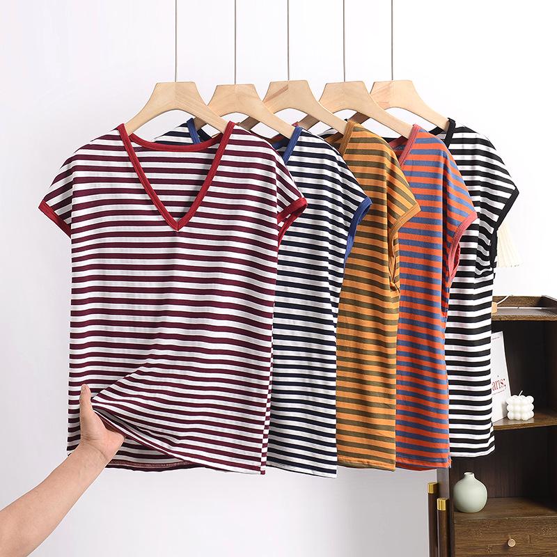 

Summer V-Neck Plus Size Striped T-Shirt for Women 4XL (155-170 jin)