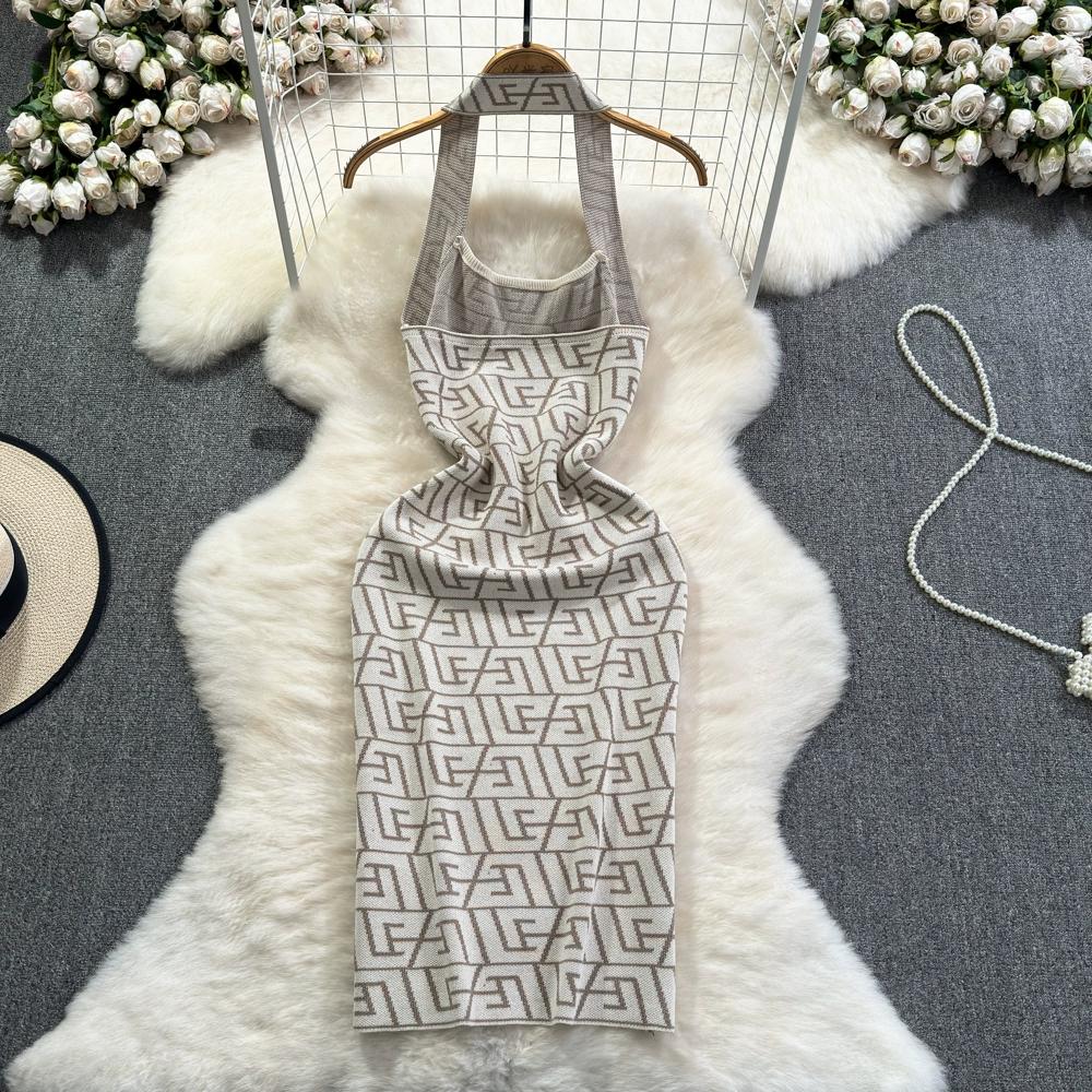 Summer Women Brand Designer Sexy Club Party Halter Print Letter Knitted Sweater Slim Bodycon Mini Short Sheath Dresses
